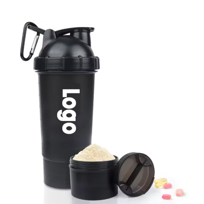 Custom Logo Plastic Protein Shaker Bottle with Powder Storage Container BPA Free Gym Cup